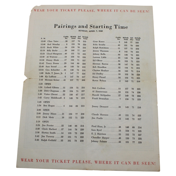 1946 Masters Tournament Sunday Final Rd Pairing Sheet - Herman Keiser Winner