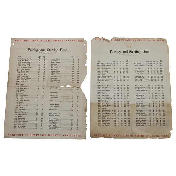 1951 Masters Tournament Friday 2nd Rd & Sunday Final Rd Pairing Sheets - Ben Hogan Winner