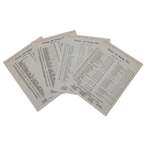 1965 Masters Tournament Complete Thursday-Sunday Pairing Sheets - Jack Nicklaus Win