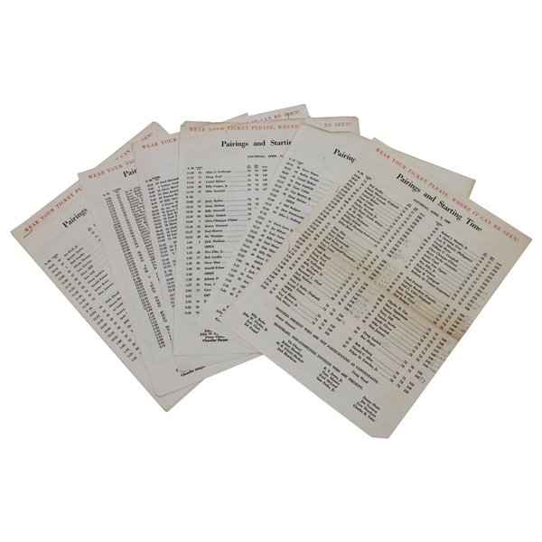 Nine (9) Various Masters Tournament Pairing Sheets - 1962, 1964, 1966 Saturday & 1969