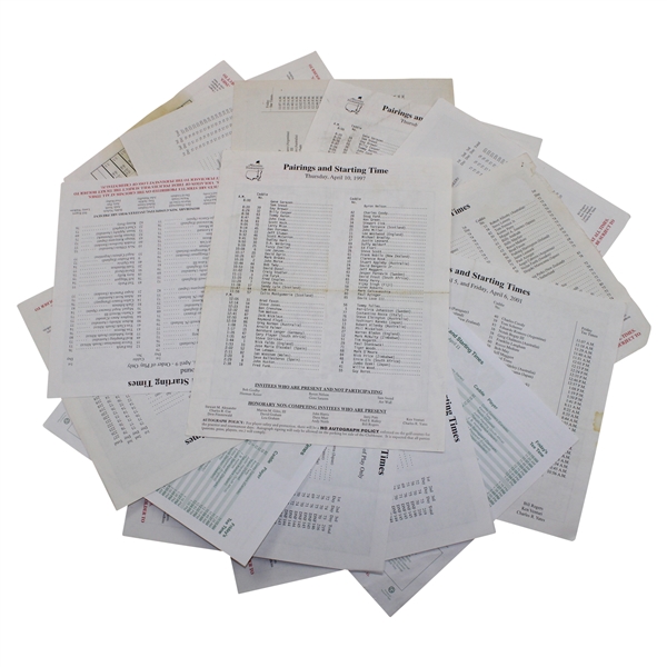 Fourteen (14) Various Masters Pairing Sheets from Tiger Woods Wins - 1997, 2001, 2002, 2005 & 2019