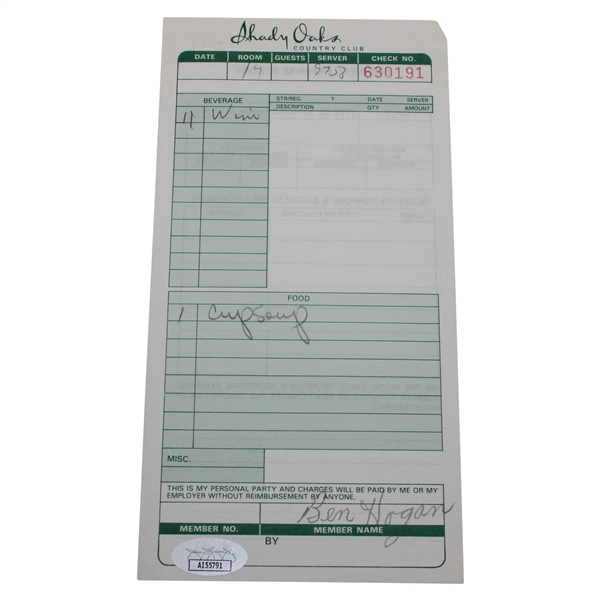 Ben Hogan Signed Shady Oaks Country Club Restaurant Receipt JSA #AI55791