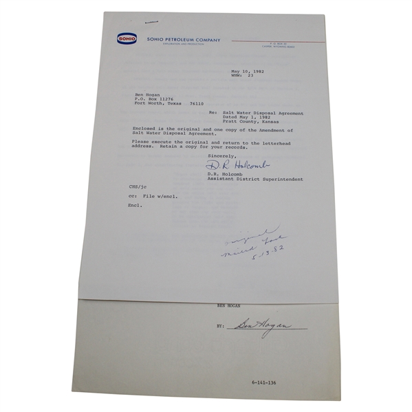 Ben Hogan Signed 1982 Sohio Petroleum Co. Letter Regarding Salt Water Disposal JSA ALOA
