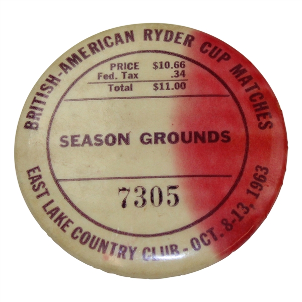1963 Ryder Cup at East Lake CC Season Grounds Badge #7305