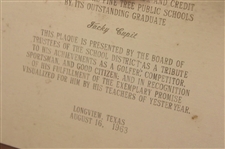 Jacky Cupit's 1963 Pine Tree Public Schools Achievement Award Plaque