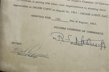 Jacky Cupit's 1963 Kilgore Chamber Of Commerce Recognition Of Jacky Culpit Resolution 