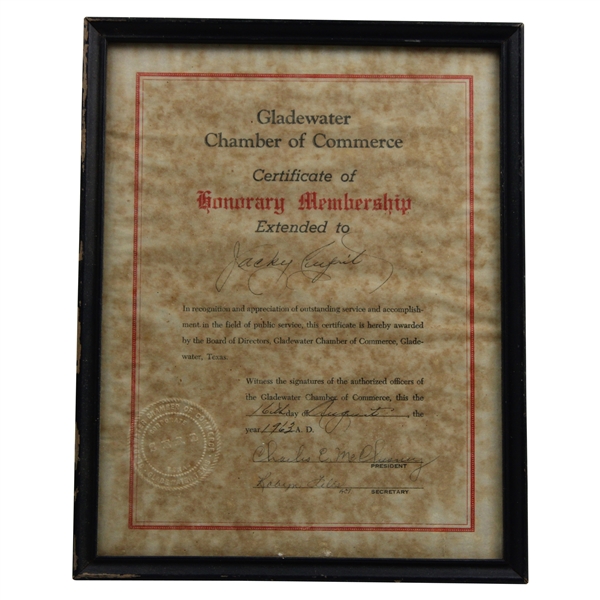 Jacky Cupits 1963 Gladewater Chamber Of Commerce Honorary Membership