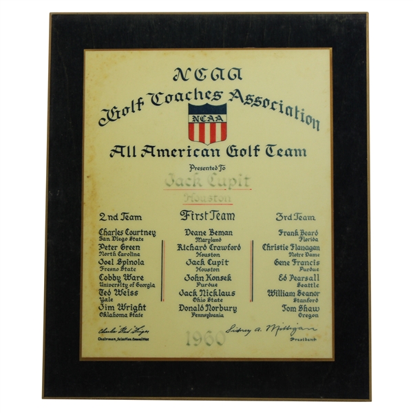 Jacky Cupits 1960 Golf Coaches Association All America Golf Team Award Plaque - Jack Nicklaus 1st Team