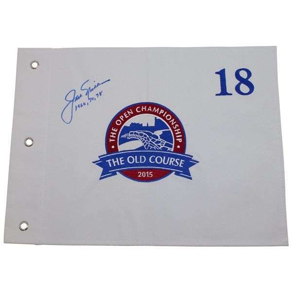 Jack Nicklaus Signed 2015 Open Championship at St. Andrews Old Course w/Winnings Years Embroidered Flag JSA ALOA