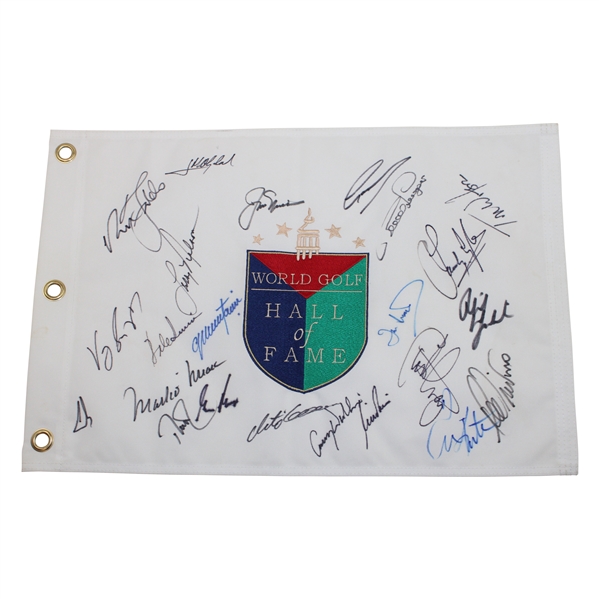 Nicklaus, Watson & Twenty-One (21) Others Multi-Signed World Golf Hall of Fame Embroidered Flag JSA ALOA