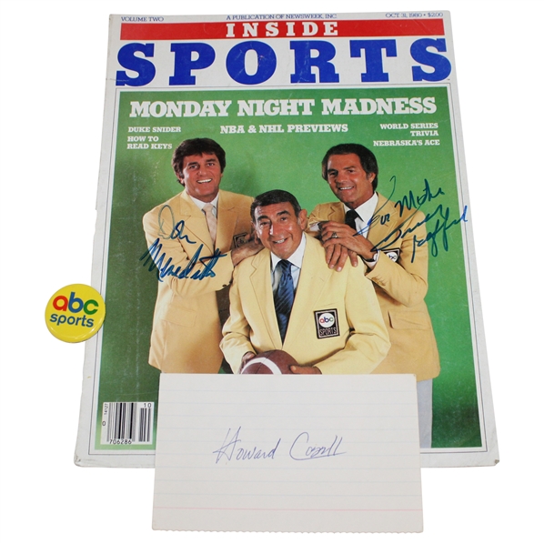 Meridith, Gifford & Cosell Signed 1980 Oct Inside Sports Cover Only & ABC Sports Button JSA ALOA