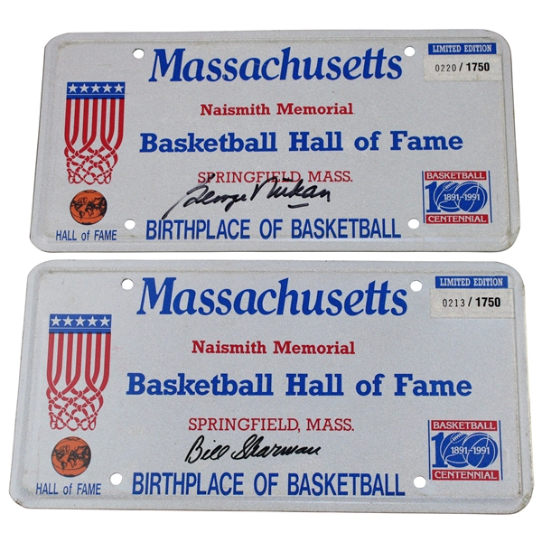 George Mikan & Bill Sherman Signed Ltd Ed Basketball Hall Of Fame License Plates #213 & #220/1750 JSA ALOA