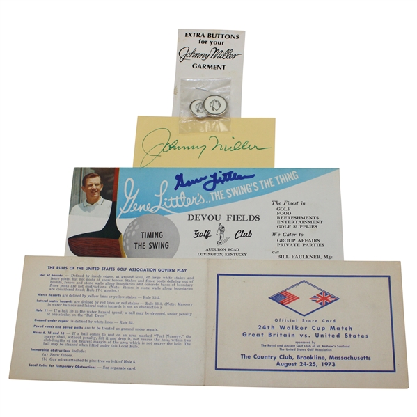 Littler Signed 1963 Menu, Miller Signed Cut, Johnny Miller Extra Buttons & 1973 Walker Cup Scorecard JSA ALOA
