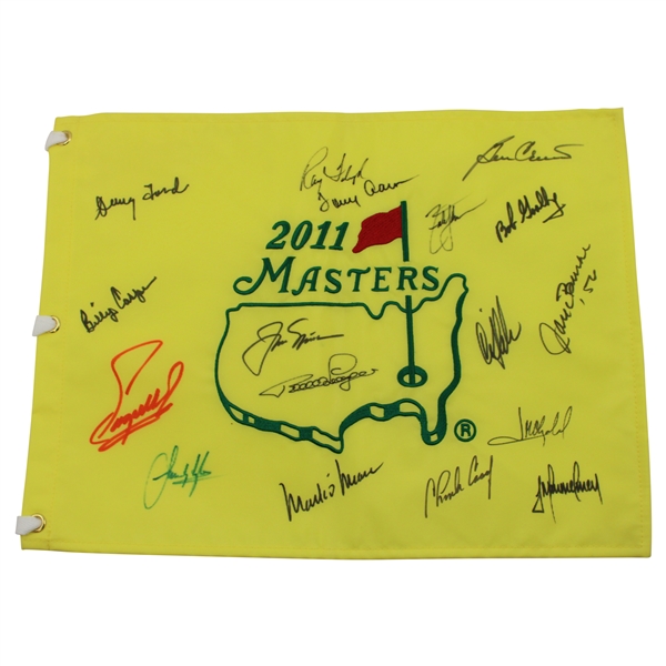 Jack Nicklaus & 16 others Masters Champs Signed 2011 Masters Embroidered Flag JSA ALOA