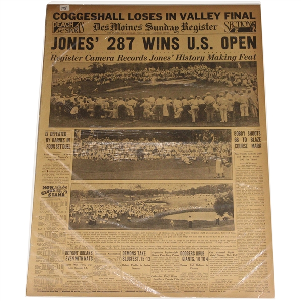 1930 Des Moines Register "Jones 287 Wins U. S. Open" & 1927 "Bobby Jones 142 Ties Golf Mark" Newspaper Article/Photos