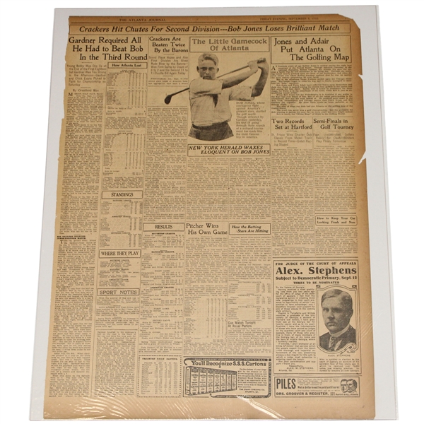 1916 Atlanta Journal Bobby Jones "The Little Gamecock Of Atlanta" Newspaper Article/Photo plus more