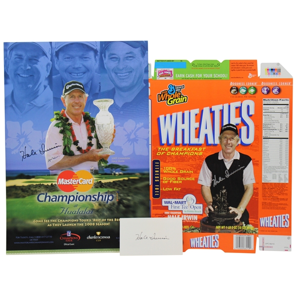 Hale Irwins Signed Wheaties Box, 2008 Hualalai Resort Poster & 3x5 Index Card JSA ALOA