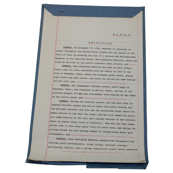 1956 “Be Set Aside in Tribute to the Memory of this Gallant Texas Lady” Babe Didrickson Zaharias Original Texas State Resolution