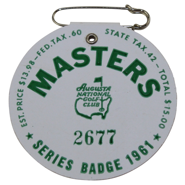 1961 Masters Tournament SERIES Badge #2677 - Gary Player Winner
