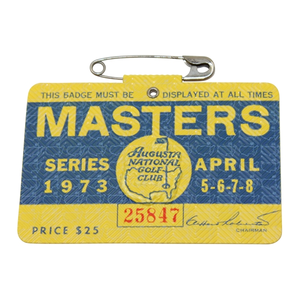 1973 Masters Tournament SERIES Badge #25847 - Tommy Aaron Winner