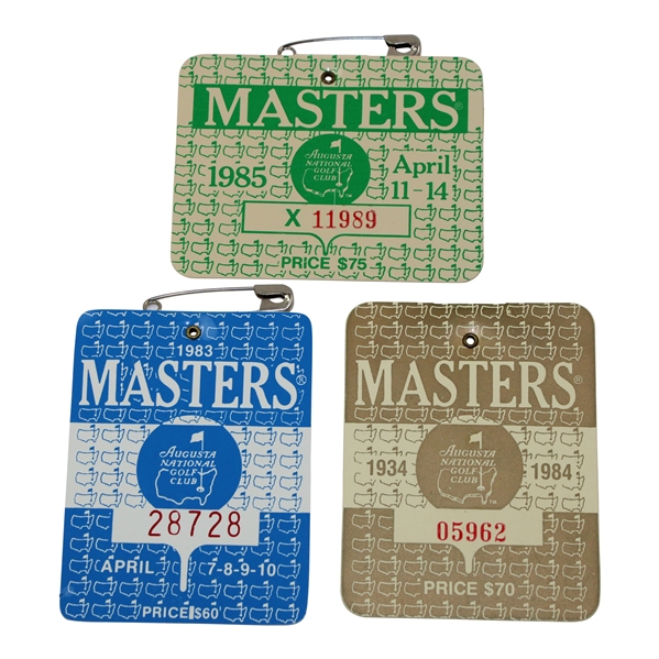 1983, 1984 & 1985 Masters Tournament SERIES Badges - Seve, Crenshaw & Langer Winners