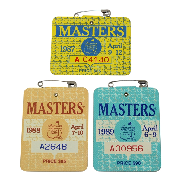 1987, 1988 & 1989 Masters Tournament SERIES Badges - Mize, Lyle & Faldo Winners