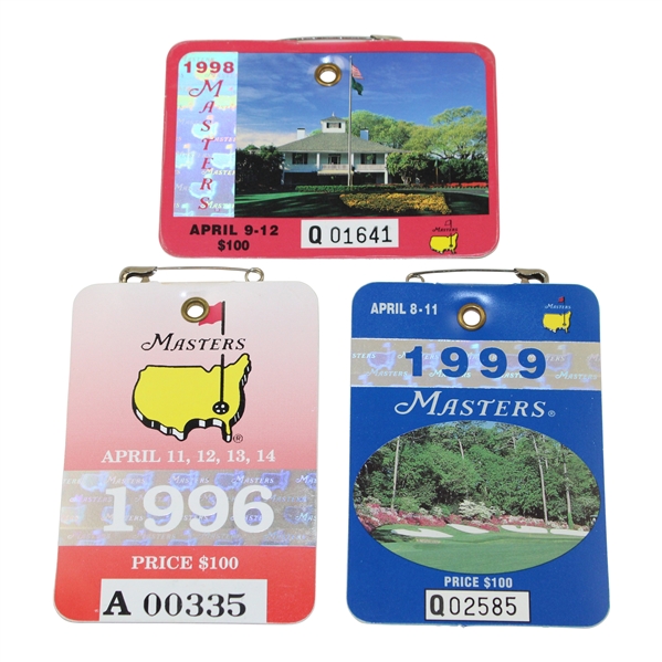 1996, 1998 & 1999 Masters Tournament SERIES Badges - Faldo, OMeara & Olazabal