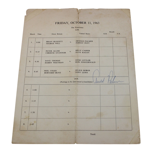 Arnold Palmer Signed 1963 Ryder Cup at Atlanta Athletic Club Pairing Sheet - Last Playing Captain JSA ALOA