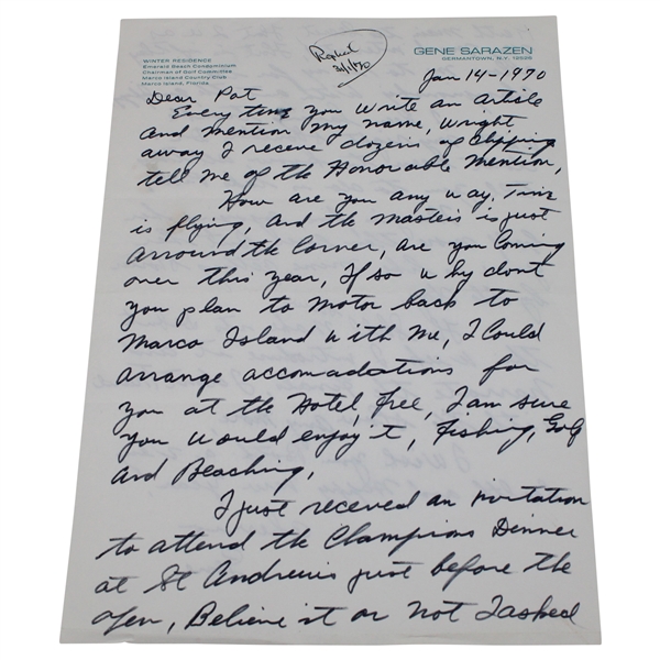 Gene Sarazen Signed 1970 Hand Written Letter To Pat Ward-Thomas About Champs Dinner JSA ALOA
