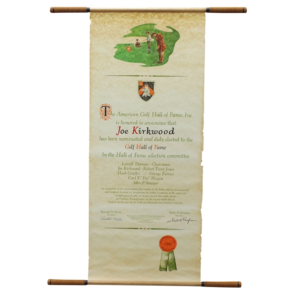 1965 American Golf Hall of Fame Induction Scroll Announcing Joe Kirkwoods Selection