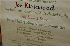1965 American Golf Hall of Fame Induction Scroll Announcing Joe Kirkwood's Selection