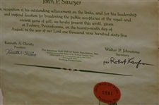 1965 American Golf Hall of Fame Induction Scroll Announcing Joe Kirkwood's Selection