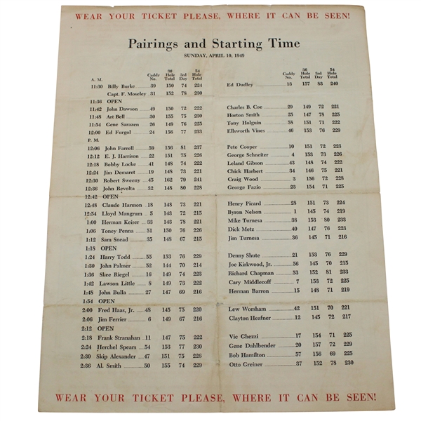 1949 Masters Tournament Sunday Final Rd Pairing Sheet - Sam Snead Winner