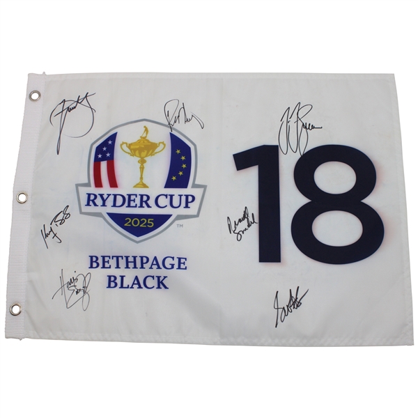 Scheffler & Six (6) other Team USA Signed 2025 Ryder Cup at Bethpage Black Flag JSA ALOA