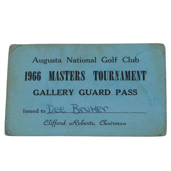 1966 Augusta National Golf Club Masters Tournament Issued Gallery Guard Pass to Dee Bruker