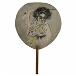 E. Nash Copyrighted Vintage Lady Golfer Themed Advertising Fan - Greensburg Confectioner on Reverse
