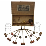 c.Late 1800s Miniature Parlor Table Croquet Set in Pine Box - Hutchin & Noyes & Co.
