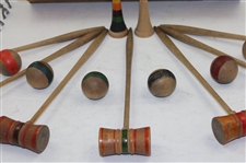 c.Late 1800's Miniature Parlor Table Croquet Set in Pine Box - Hutchin & Noyes & Co.