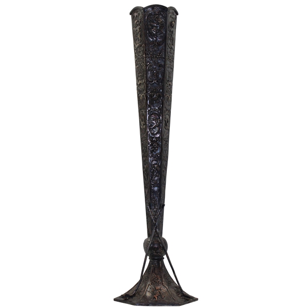 Ornate Golfing Cherubs with Crossed Clubs and Dimple Golf Ball at Base Thin Vase