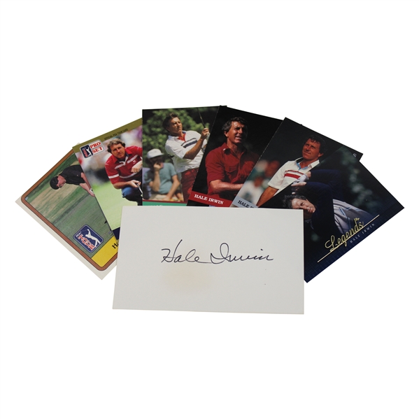 Hale Irwins Personal Signed 3x5 Card with Six (6) Golf Trading Cards JSA ALOA