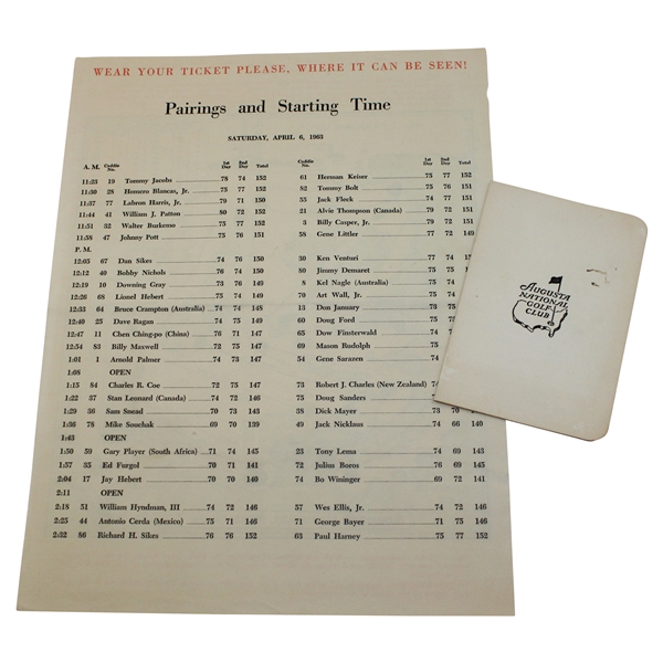 1963 Masters Tournament Saturday Pairing Sheet w/Time-Period ANGC Scorecard - Jacks First Masters Win