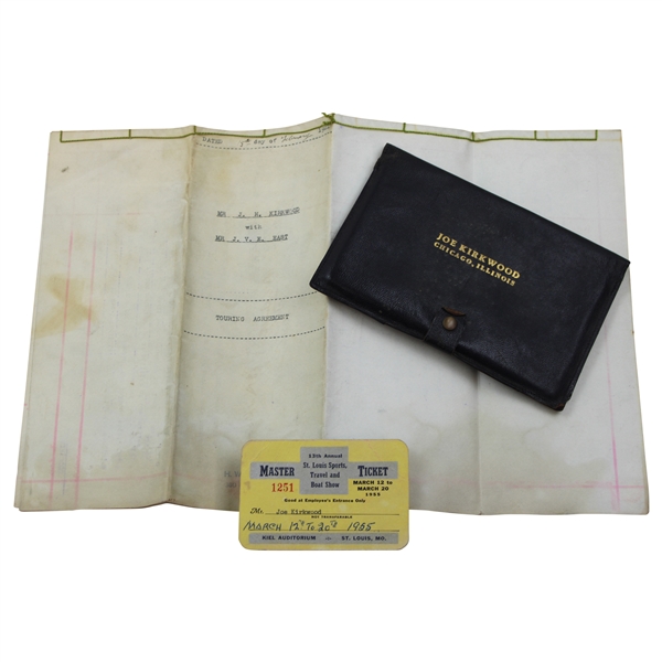 Joe Kirkwood Sr. Signed 1921 Touring Agreement, 1955 St. Louis Sports, Travel & Boat Show Master Ticket & Leather Passport Holder