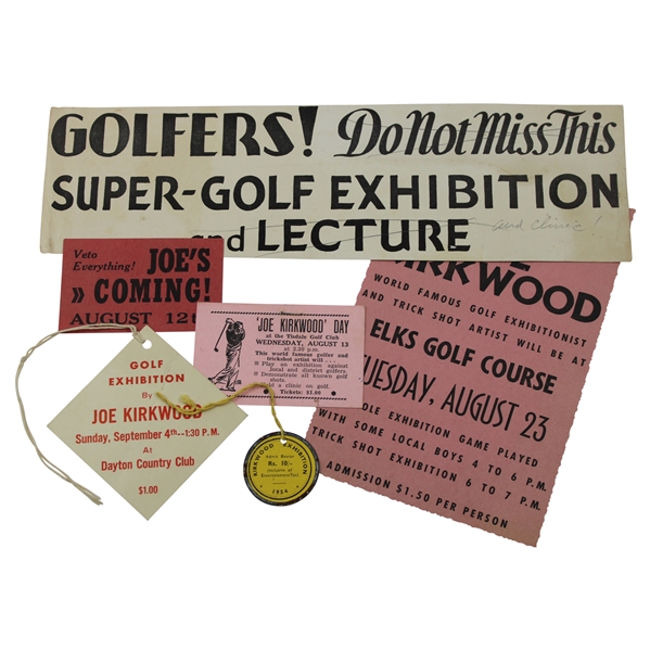 Three (3) c.1950s Joe Kirkwood Golf Exhibition Advertisement Pieces & (3) Tickets