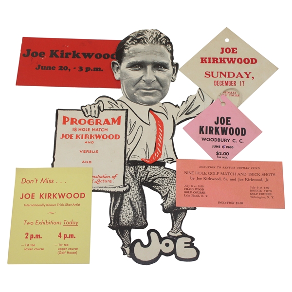 Three (3) c.1950s Joe Kirkwood Golf Exhibition Advertising Pieces, Guest Tag & Two (2) Tickets