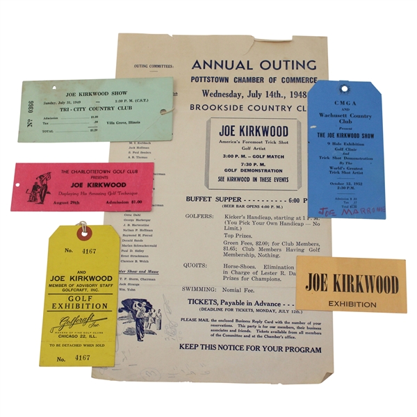 Two (2) 1940s-50s Joe Kirkwood Exhibition Advertisements & Four (4) Tickets