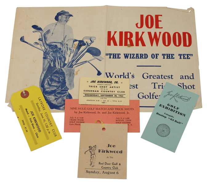 Joe Kirkwoods c.1950s Dunlop Advertising Card, Exhibition Advertisement Piece & Four (4) Tickets