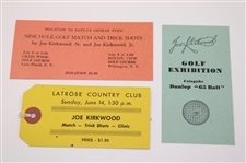 Joe Kirkwood's c.1950's Dunlop Advertising Card, Exhibition Advertisement Piece & Four (4) Tickets
