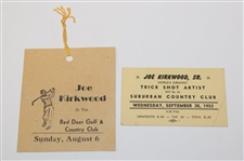 Joe Kirkwood's c.1950's Dunlop Advertising Card, Exhibition Advertisement Piece & Four (4) Tickets