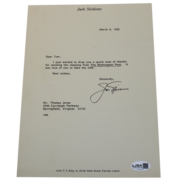 Jack Nicklaus Signed 1985 Typed Letter on Personal Letterhead JSA #CI13178