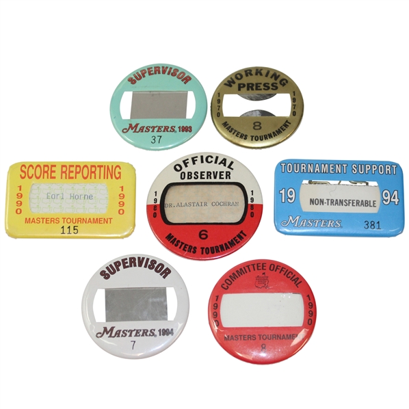 1970, 1980, 1990 (x2), 1993 (x2) & 1994 Masters Press/Supervisor/Official/Observer& other Official Badges